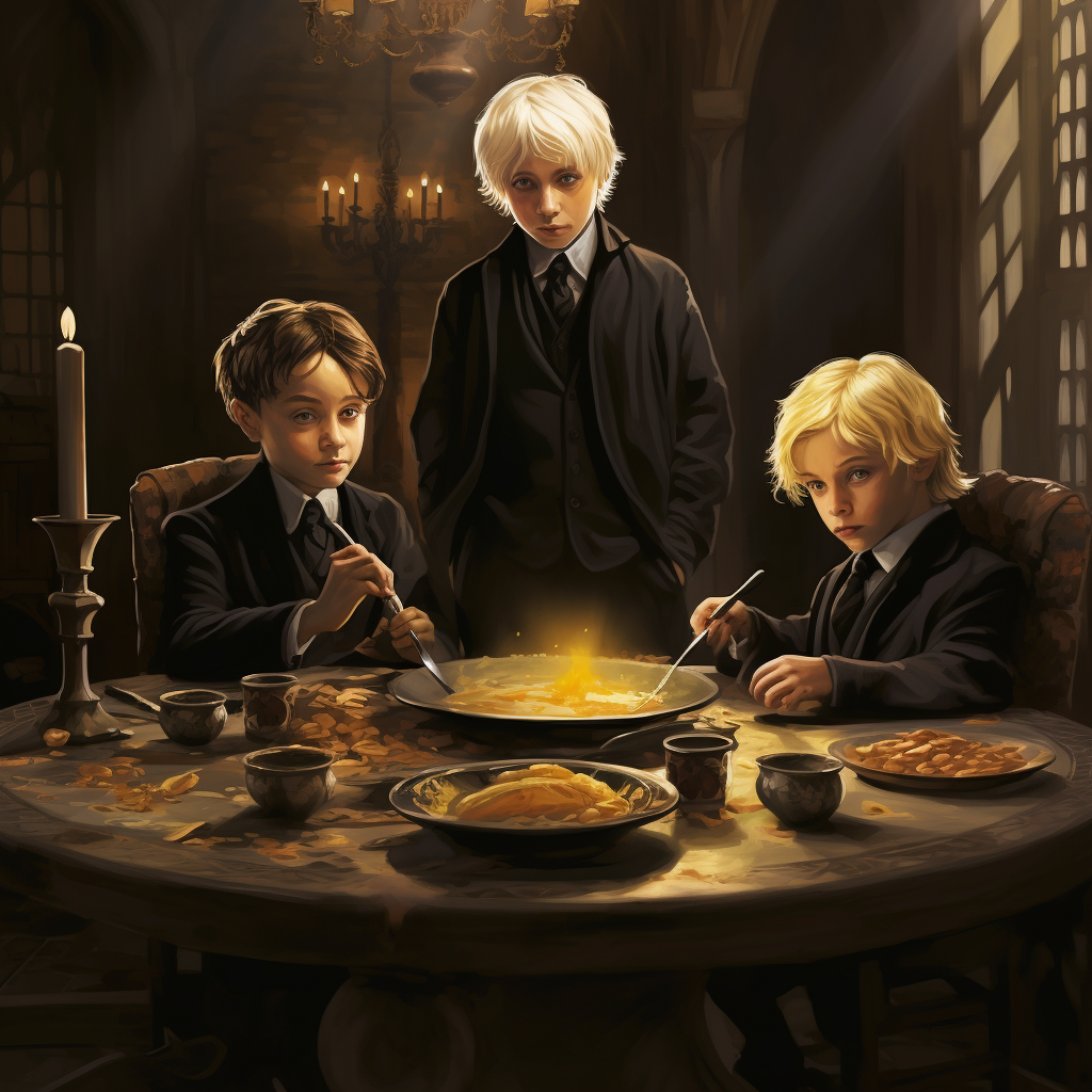 Harry Potter, Draco Malfoy, and Scorpius Malfoy savoring pudding