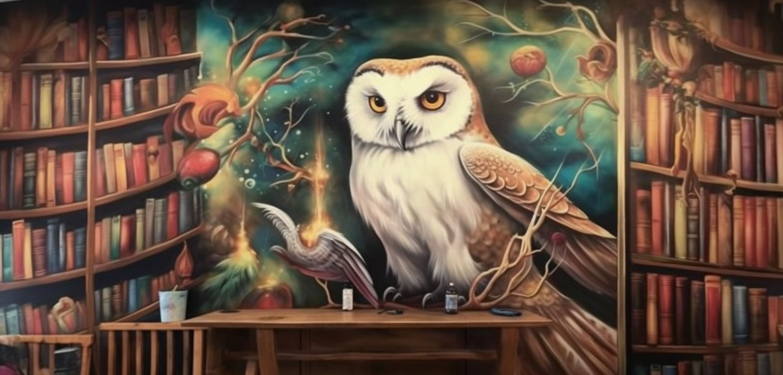 Artistic Harry Potter Mural featuring Hedwig and Magic Wands