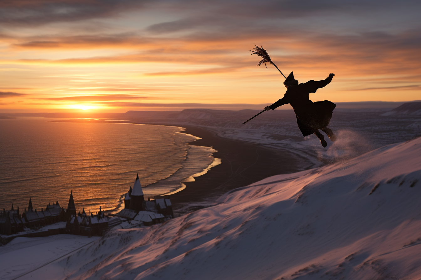 Harry Potter flying on broom at sunset