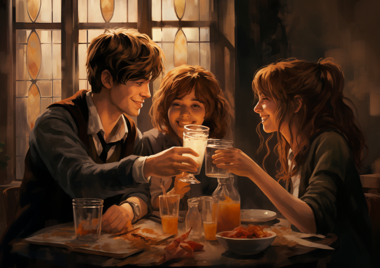 Harry Potter, Ron, and Hermione enjoying butter beer