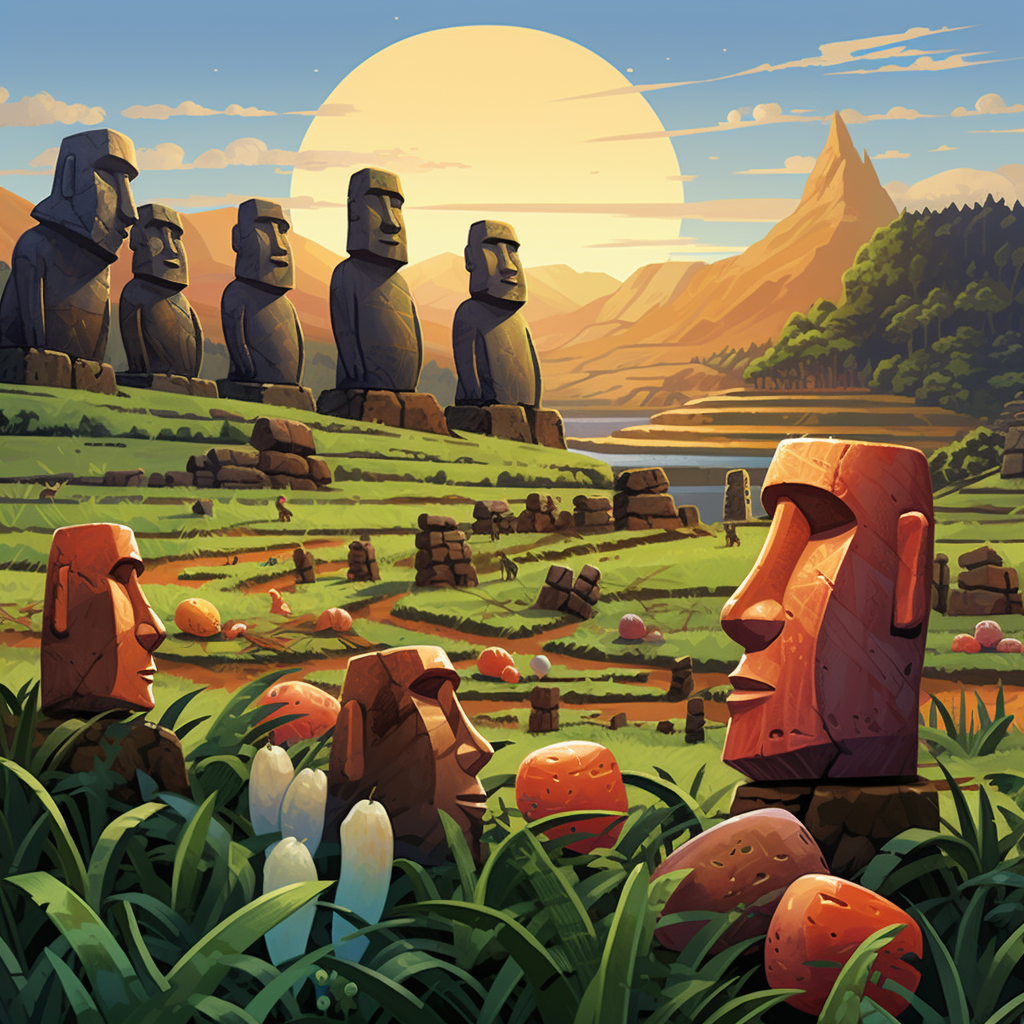 Colorful illustration of a harvest scene on Easter Island