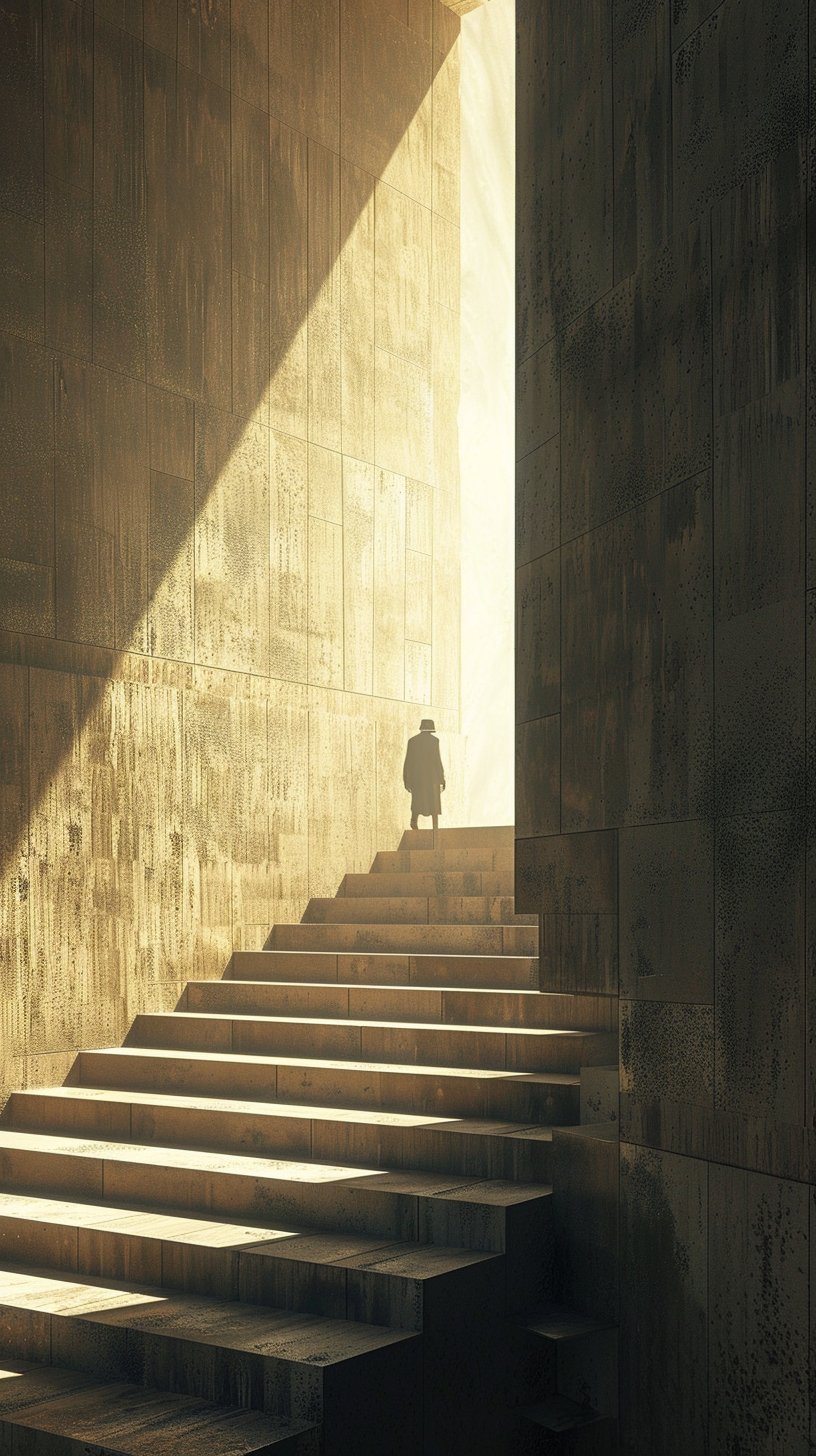 Hasidic man climbing bright staircase