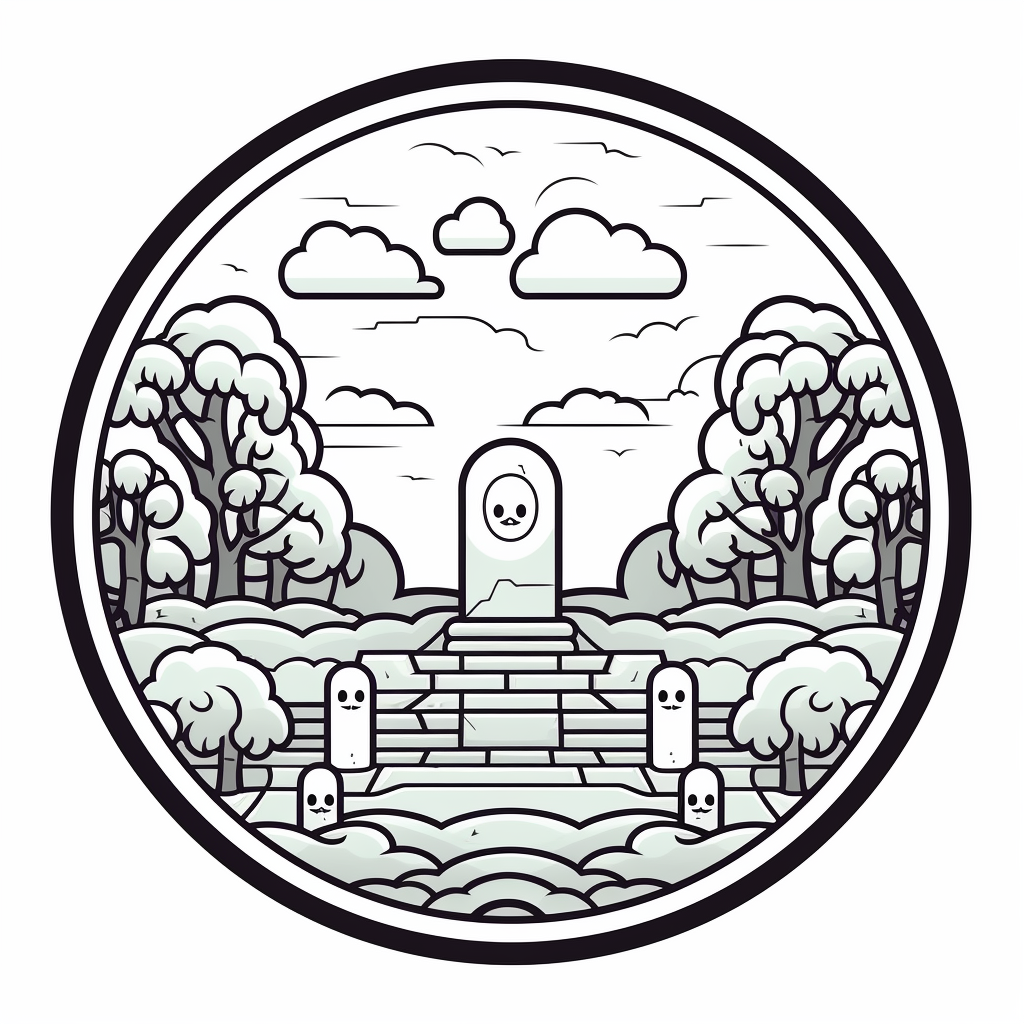 Coloring page with ghosts and tombstones