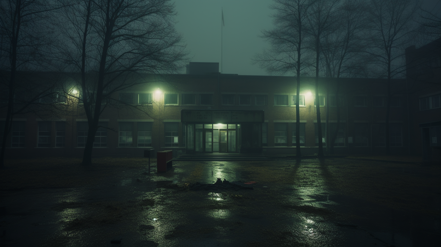 Haunted elementary school in rainy winter evening