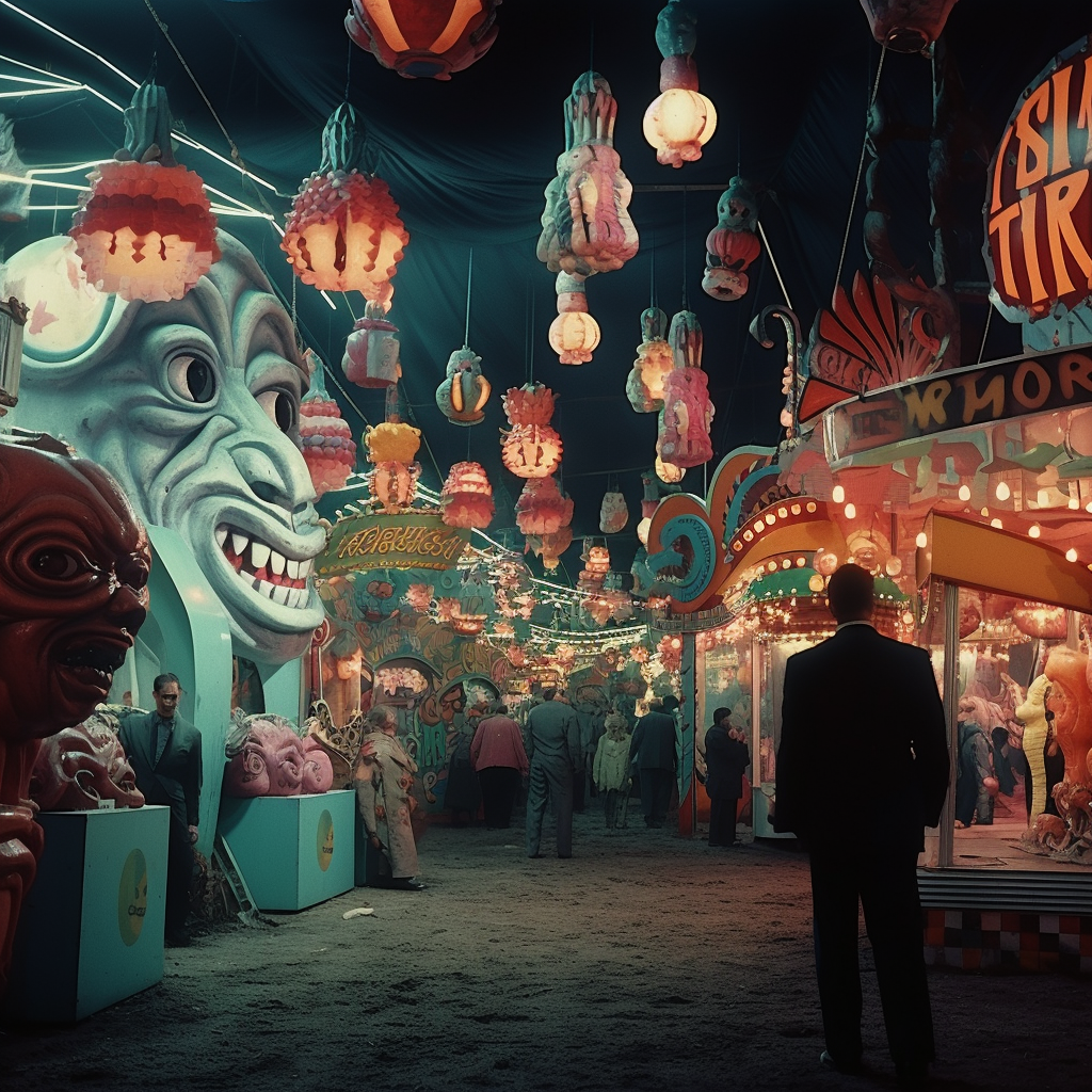 Haunted fairground with vibrant colors and vintage aesthetic