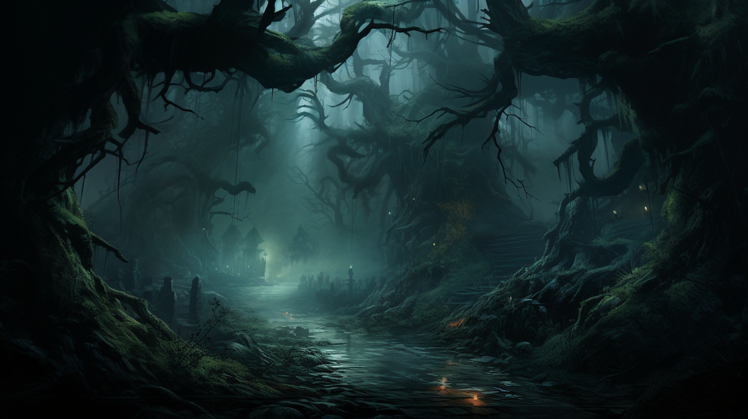 Spooky haunted forest in dnd splash art