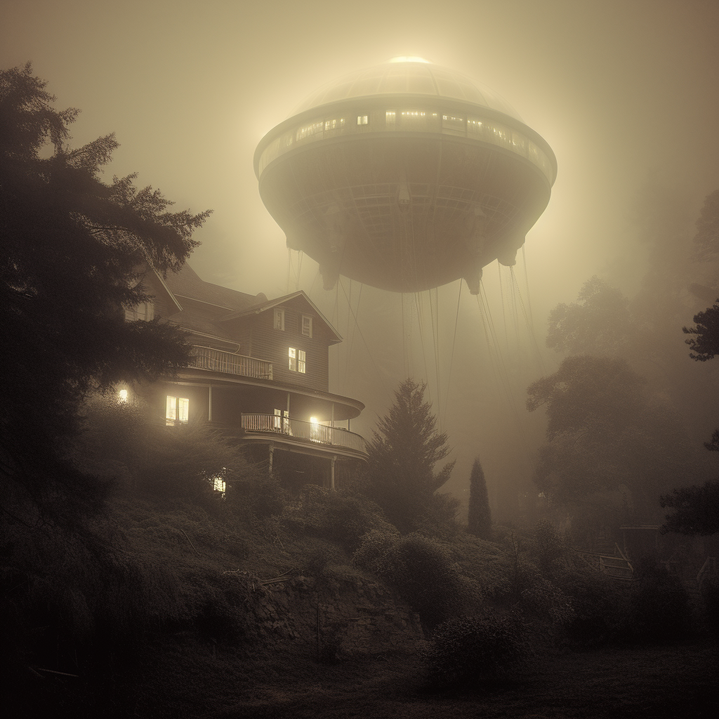 Haunted house in fog with aliens