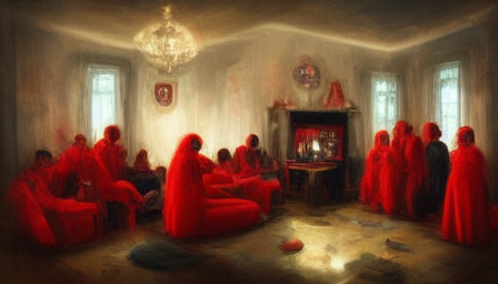 Group of People in Red Robes in Haunted House