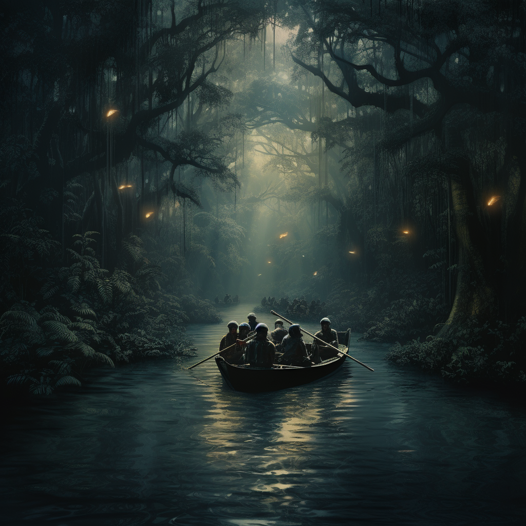 Group floating down haunted jungle river