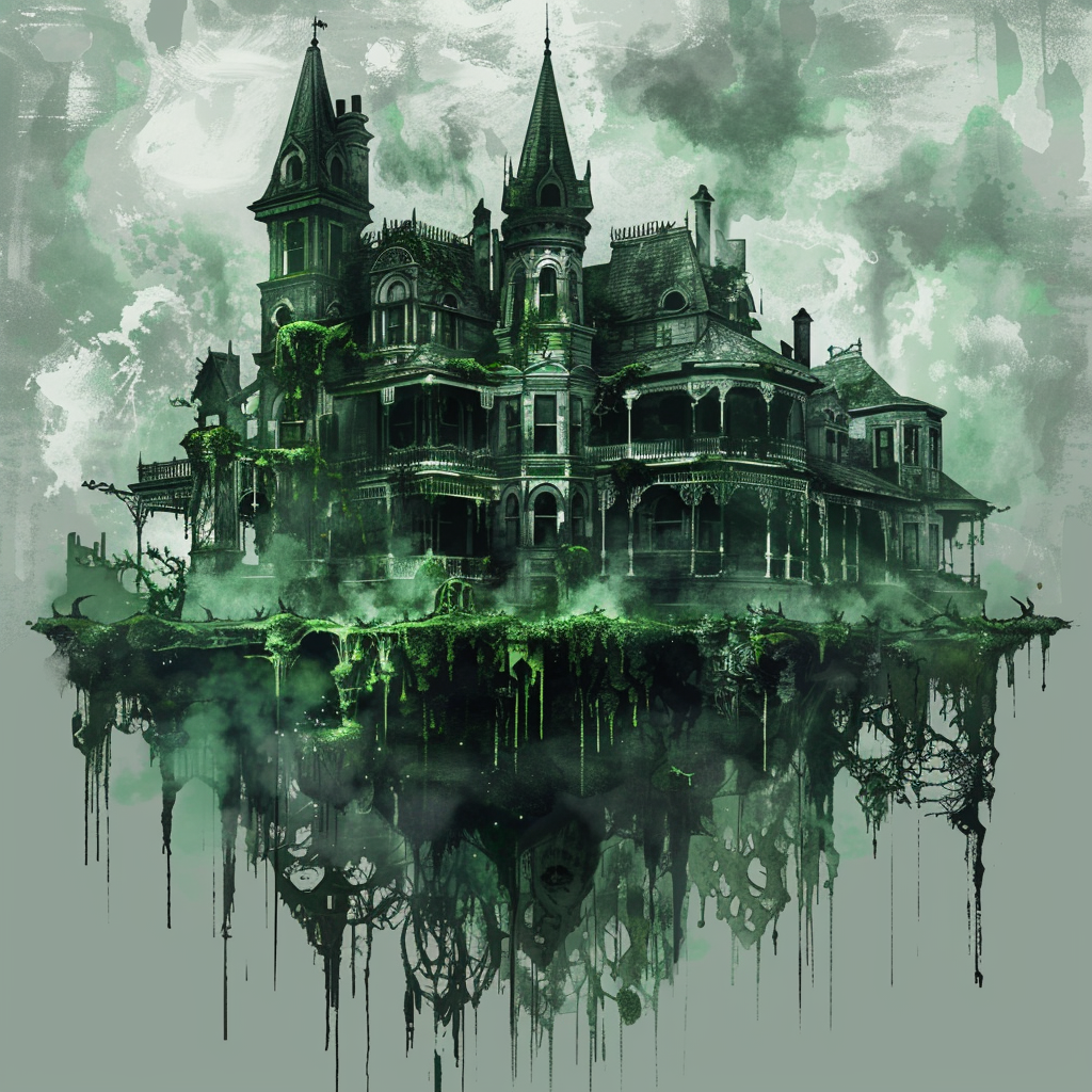 Dilapidated haunted mansion on green ocean