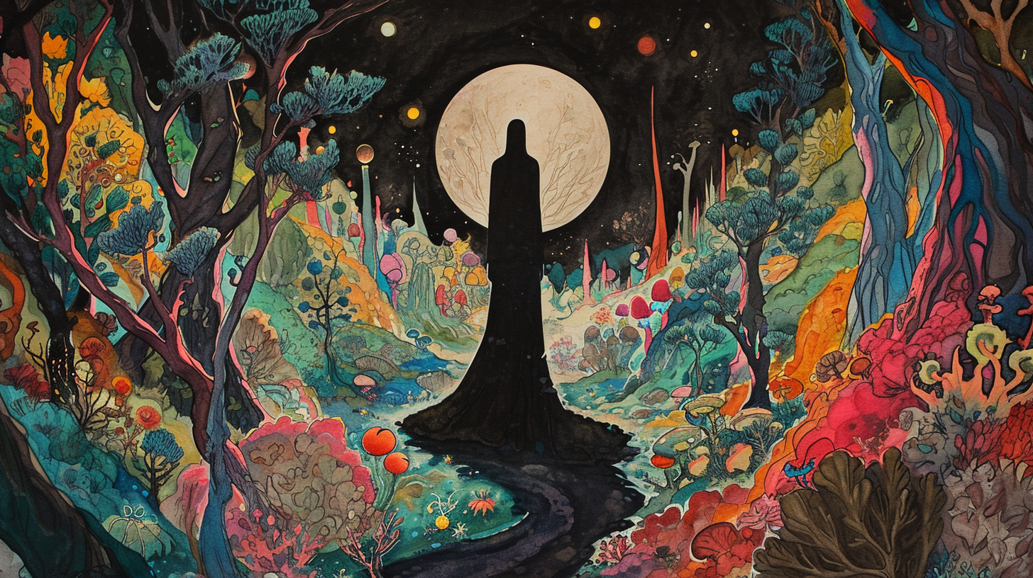 Figure in Haunted Nocturnal Forest during Lunar Eclipse