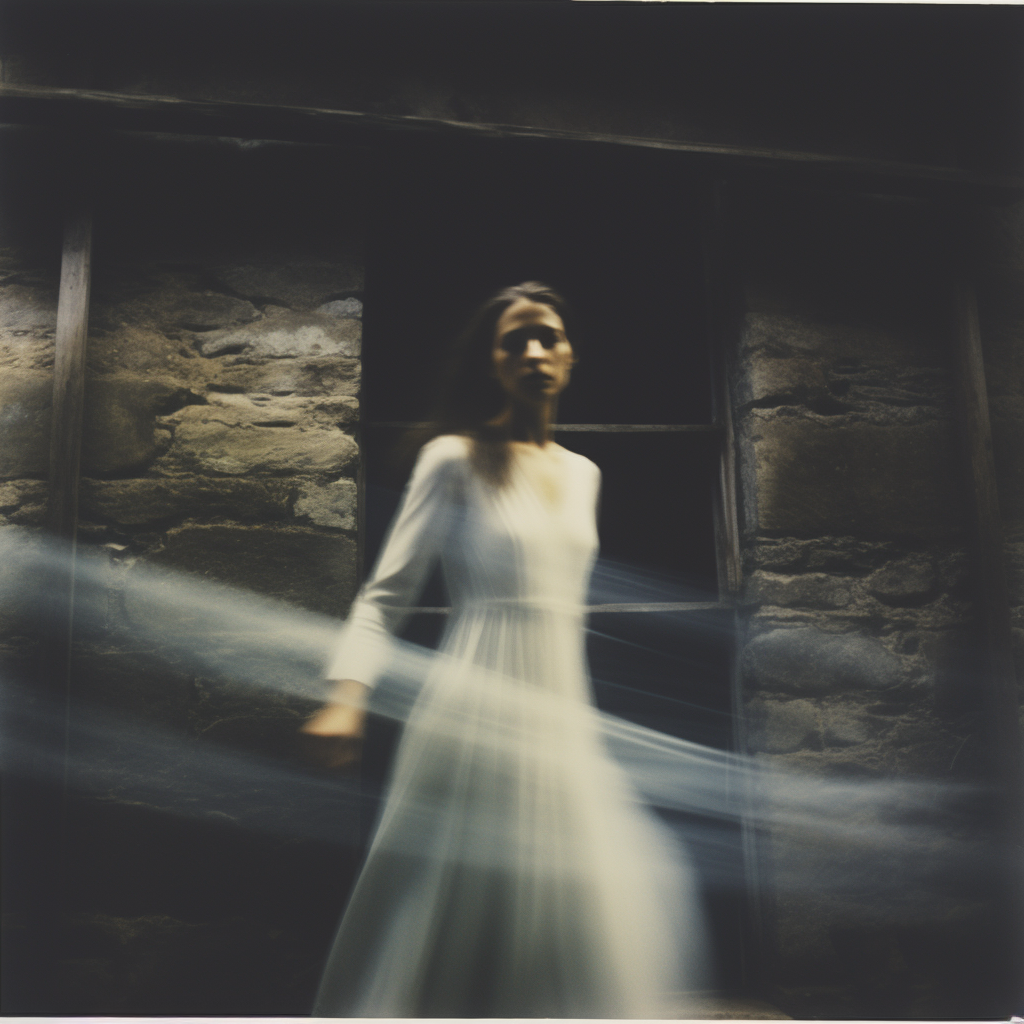 Terrifying ghostly lady in white dress in a barn
