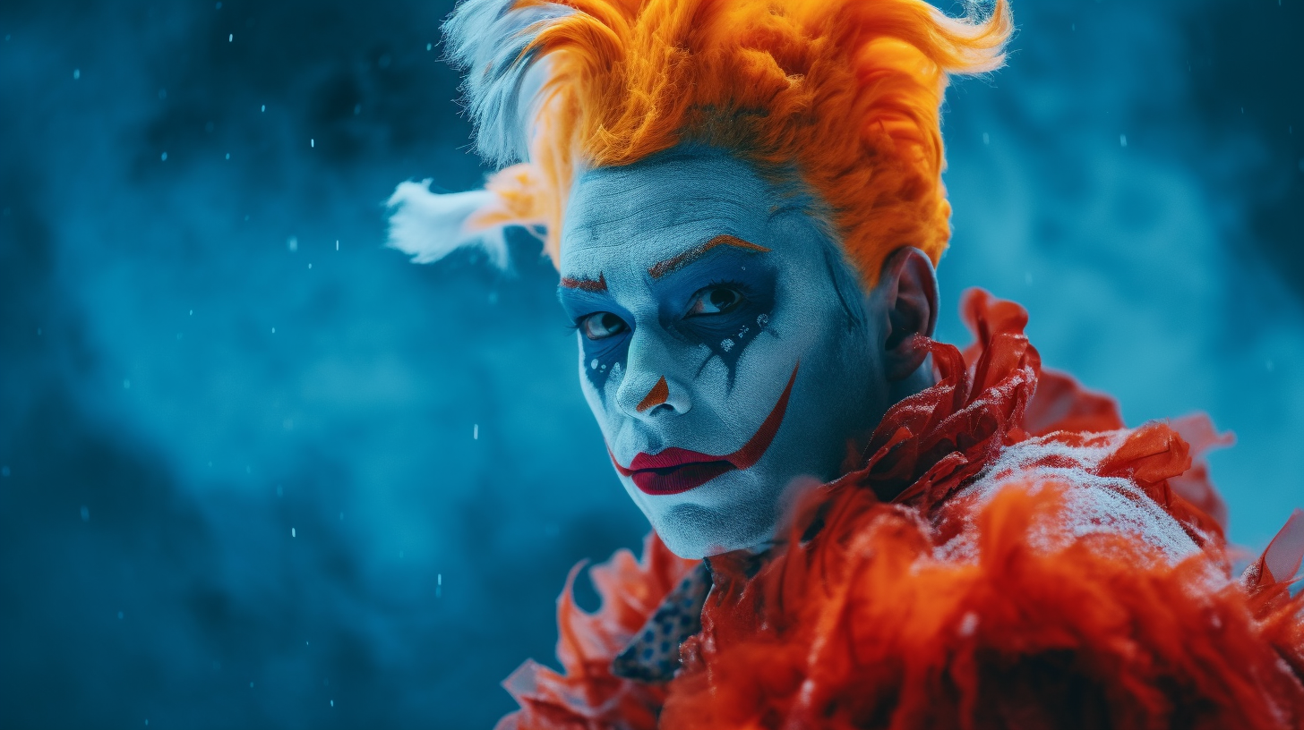 Creepy clown with icy blue hair