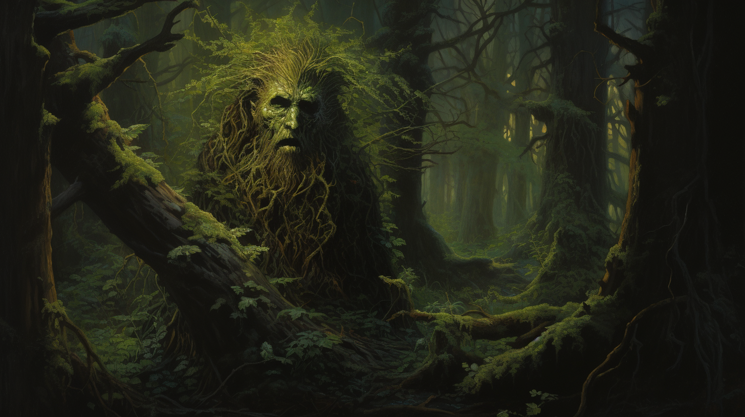 Green Man emerging from haunting forest