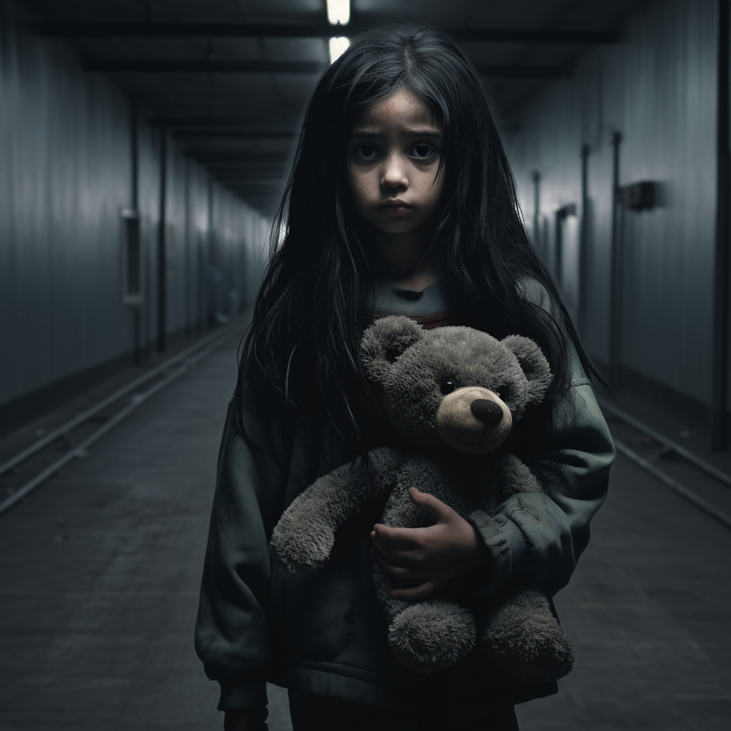 Dark-haired girl with tattered teddy in dimly lit corridor