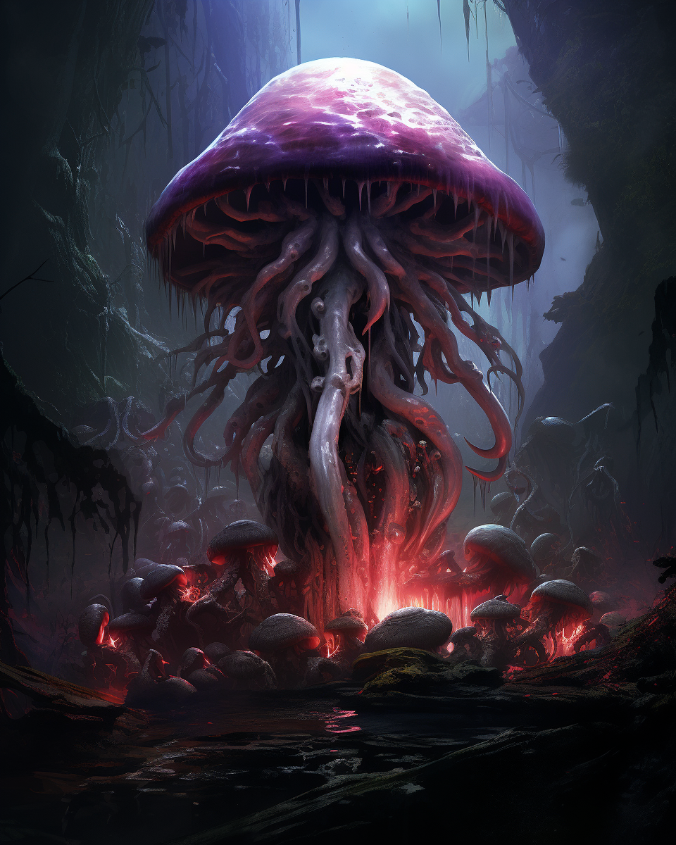 Alien Xenomorph Mushroom Hybrid in Dark Ambient Background