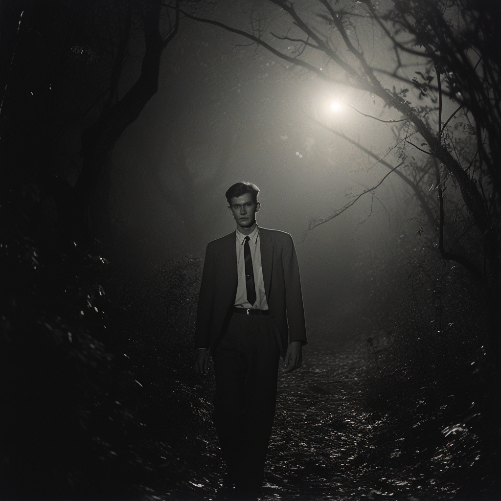 20-year-old man walking in creepy moonlit woods