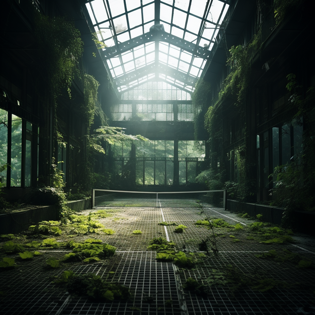 A hauntingly beautiful abandoned tennis court scene