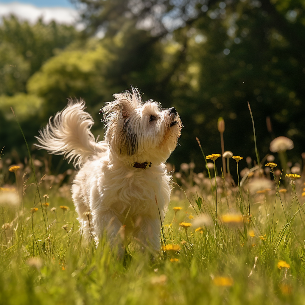 Cute Havanese dog playing in grass