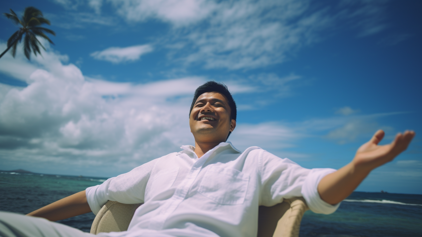 Happy man enjoying a relaxing afternoon by the sea