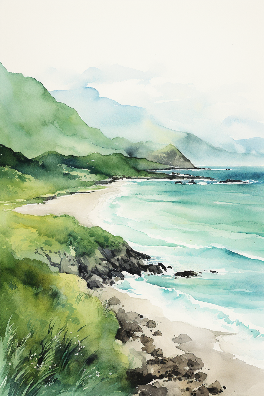 Quick minimalist watercolor sketch of Hawaii landscape