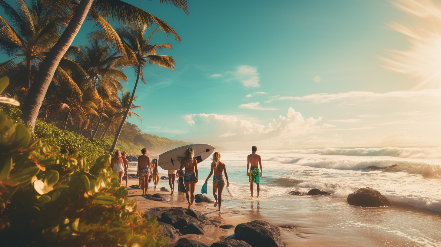 Surfer dudes and gals checking waves