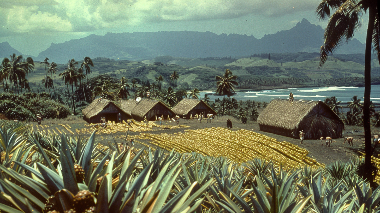 Hawaiian pineapple workers and surfers