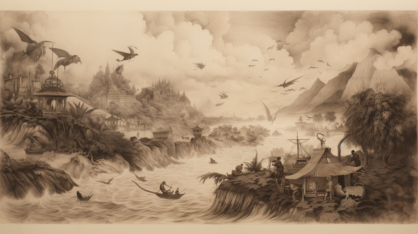 Pencil sketch of Hawaiian coast scene with native Polynesians