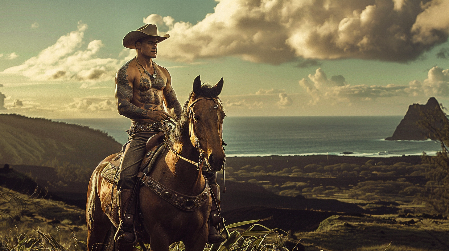 Hawaiian cowboy riding horse