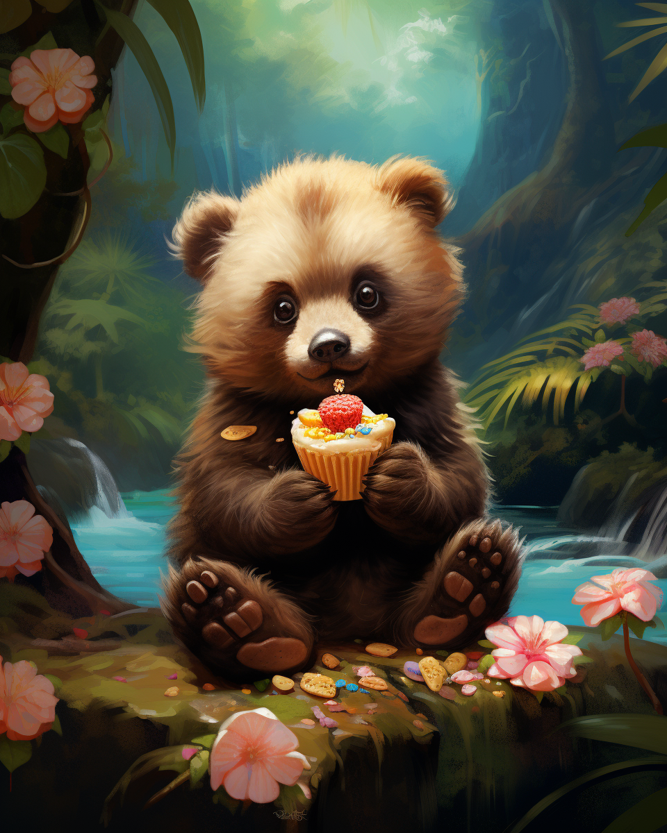 Cute baby bear enjoying delicious puff pastries