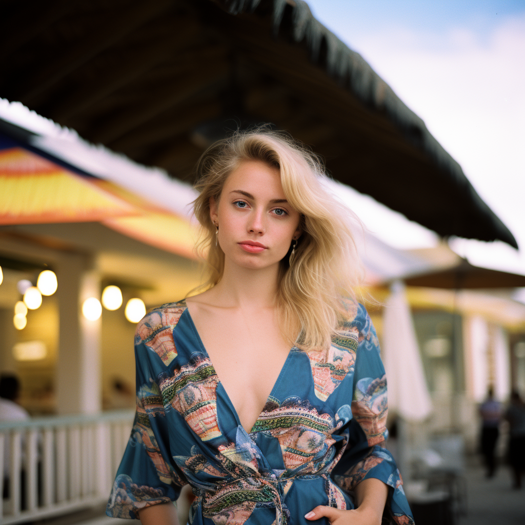 Stylish Woman Walking into Beach Bar