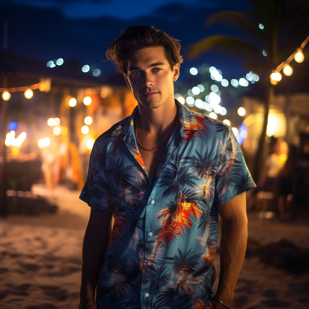 Model wearing Hawaiian shirt on a beach