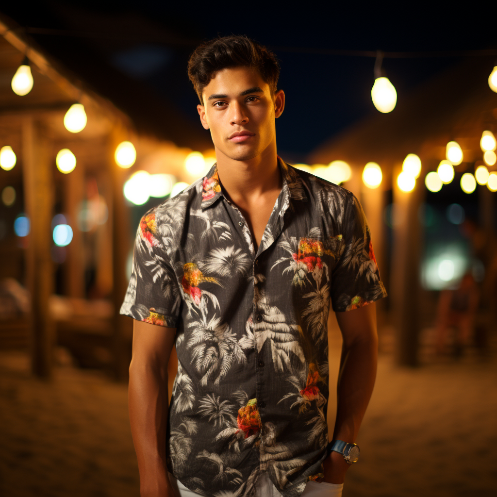 Model in Hawaiian Shirt on Beach