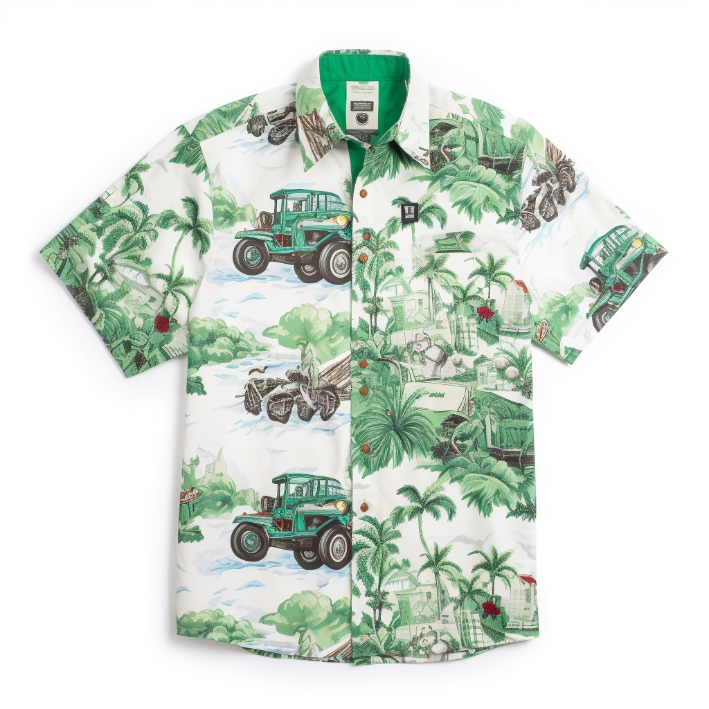 Hawaiian shirt with green Fendt tractors on white background