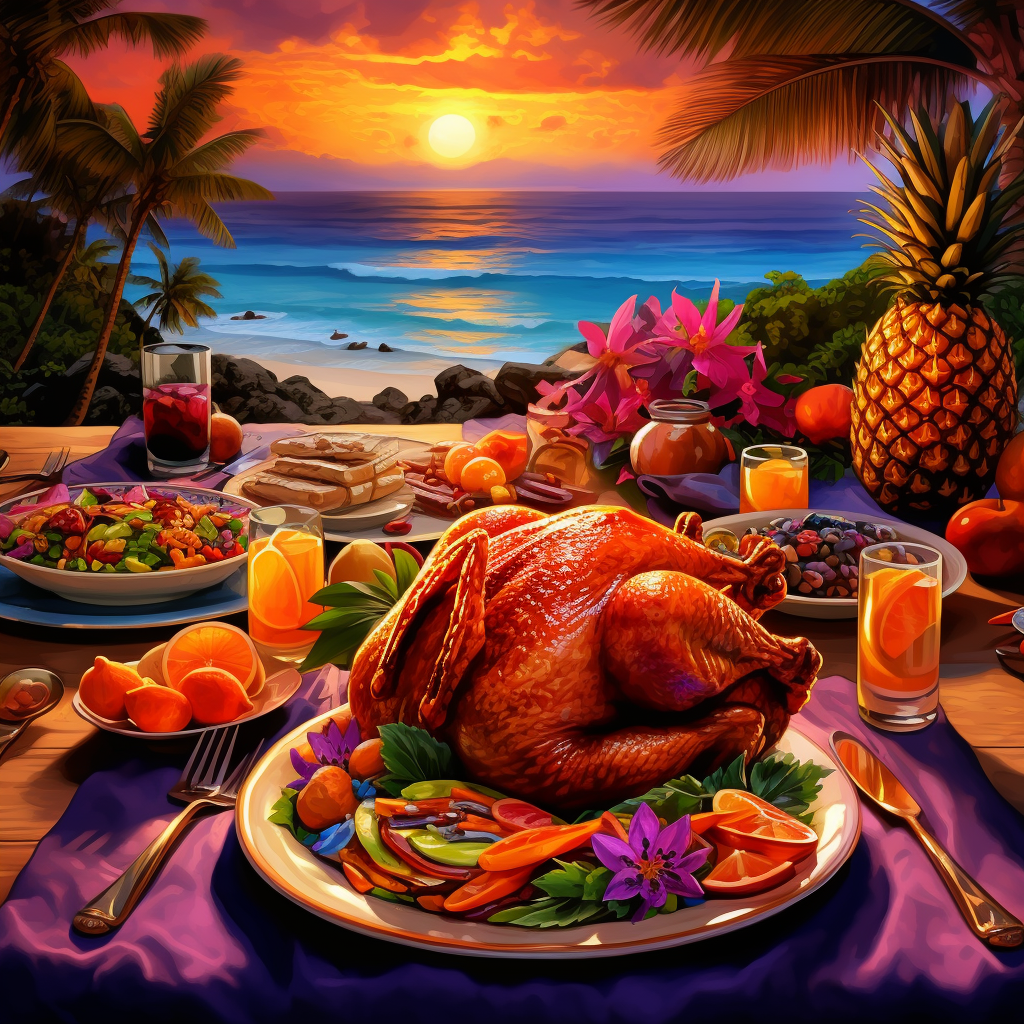 Realistic, beautiful, bright, colorful Hawaiian Thanksgiving dinner