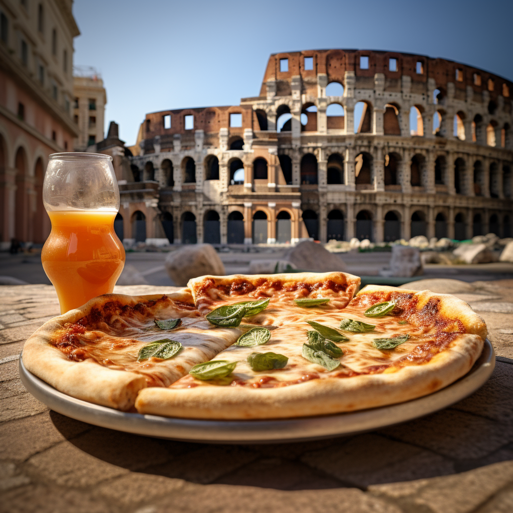 Hawain pizza in front of the coliseum