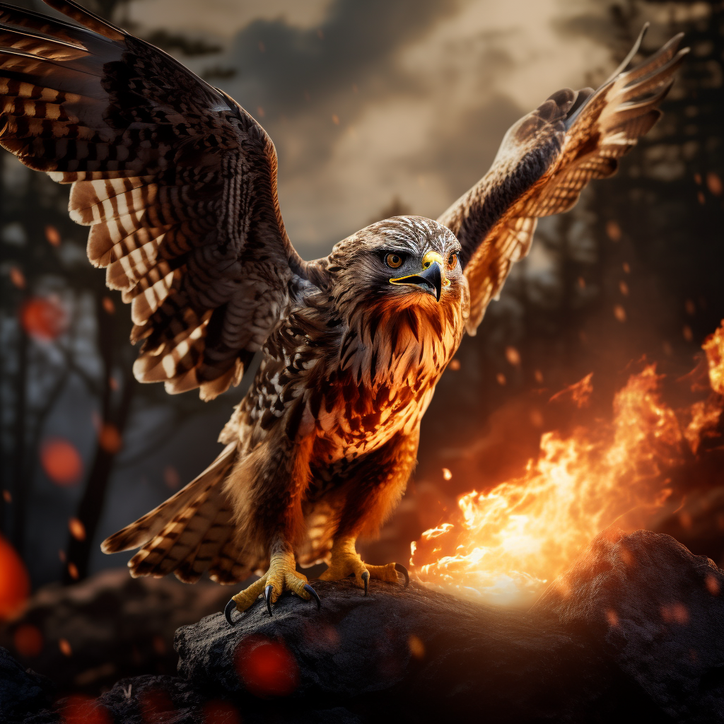 A majestic hawk playing with fire amidst a beautiful mountain landscape