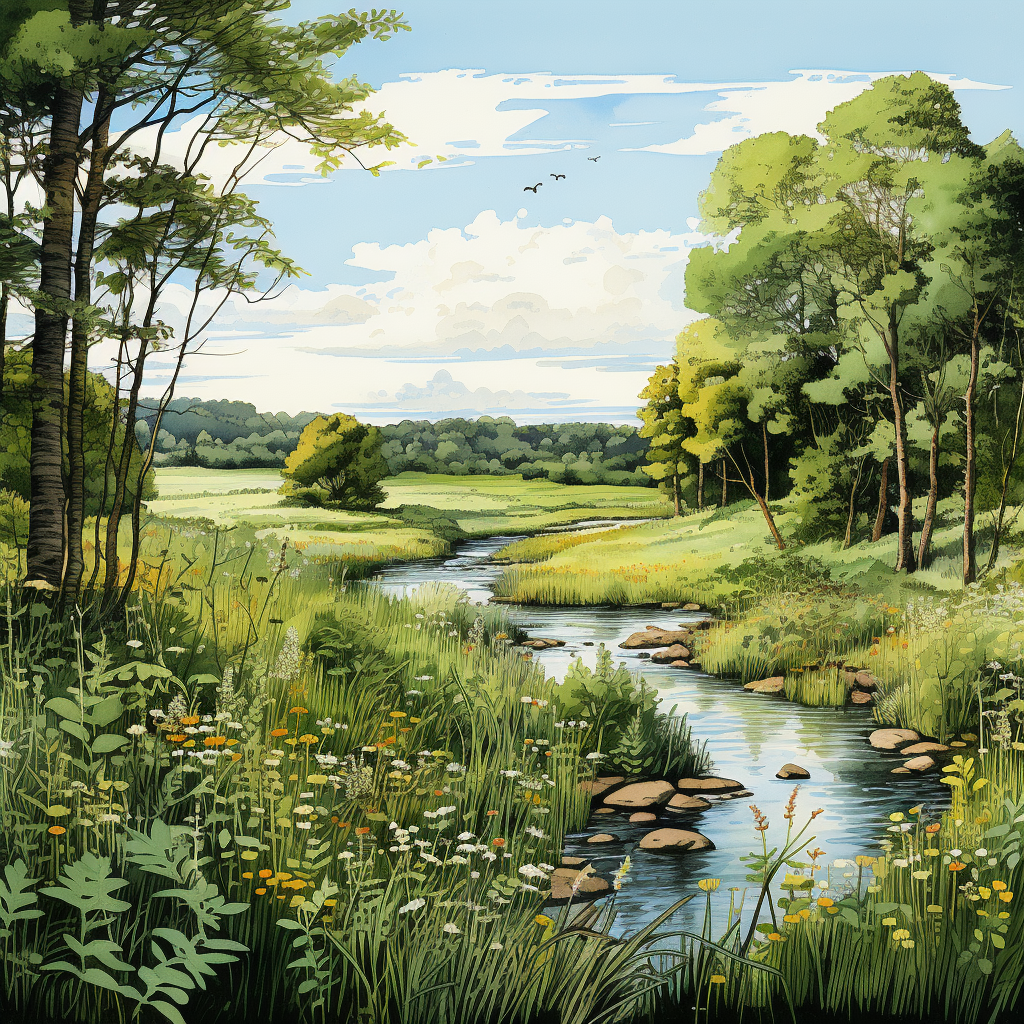 Illustration of hawthorns close-up in field