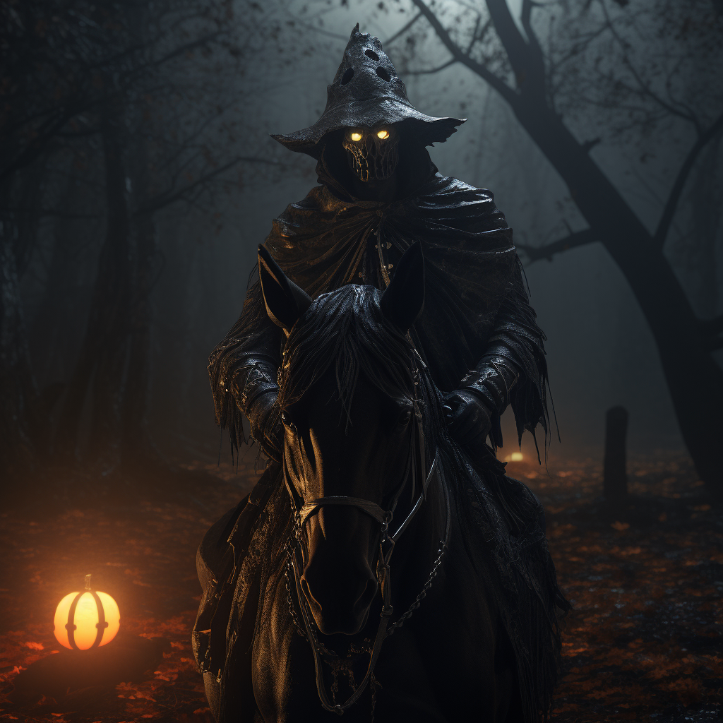 Ghostly horseman holds a pumpkin in haunted wood