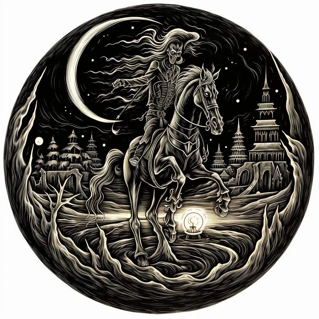 Woodcut of headless horseman with pumpkin