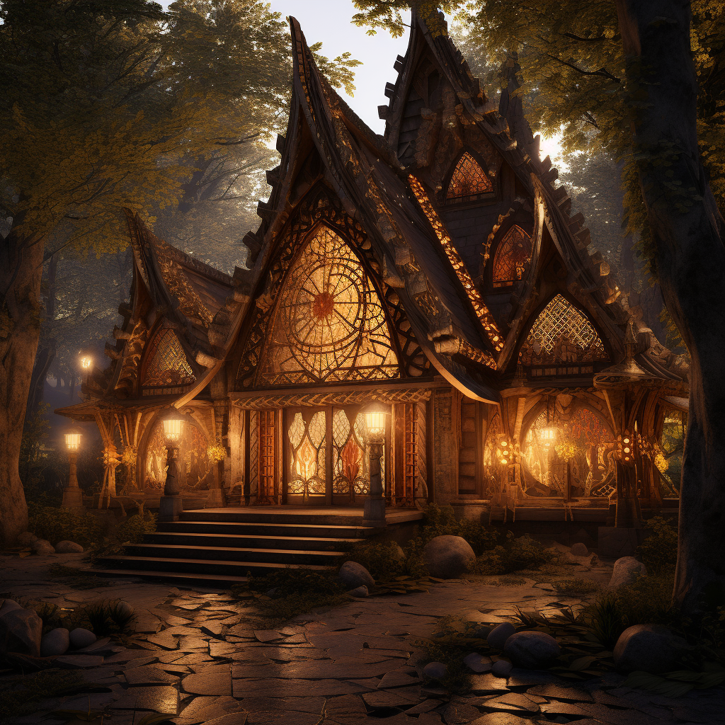 Rustic cabin in healing temple with warm light