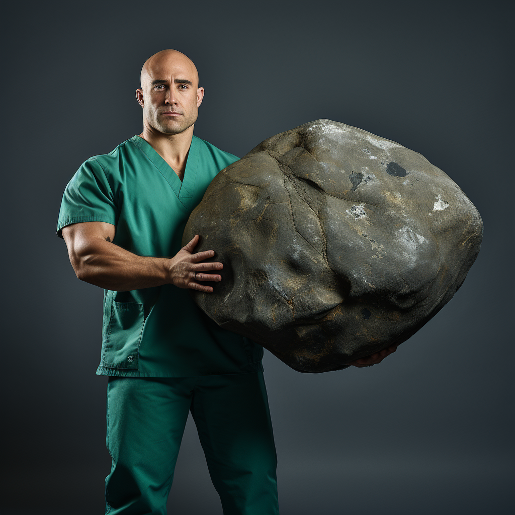 healthcare professional holding giant boulder