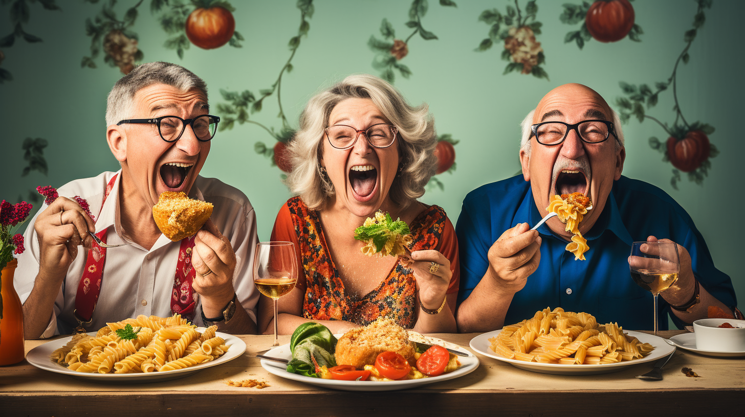 Healthy Boomer Friends Eating Penne Joke