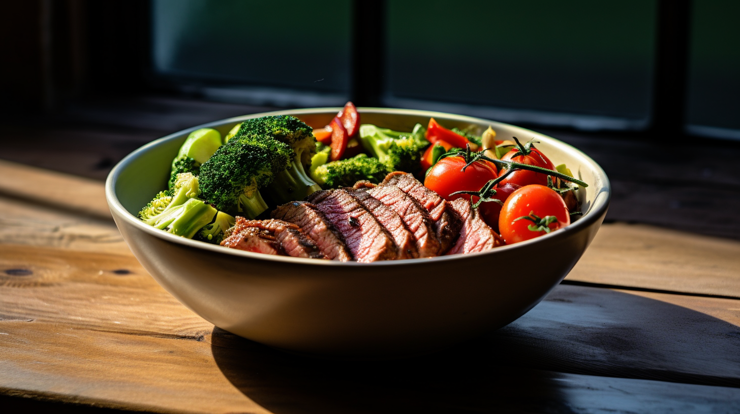 View a photo of a healthy food bowl in a kitchen with bright natural light, vibrant colors, vegetables, and steak. Quality 4K image.