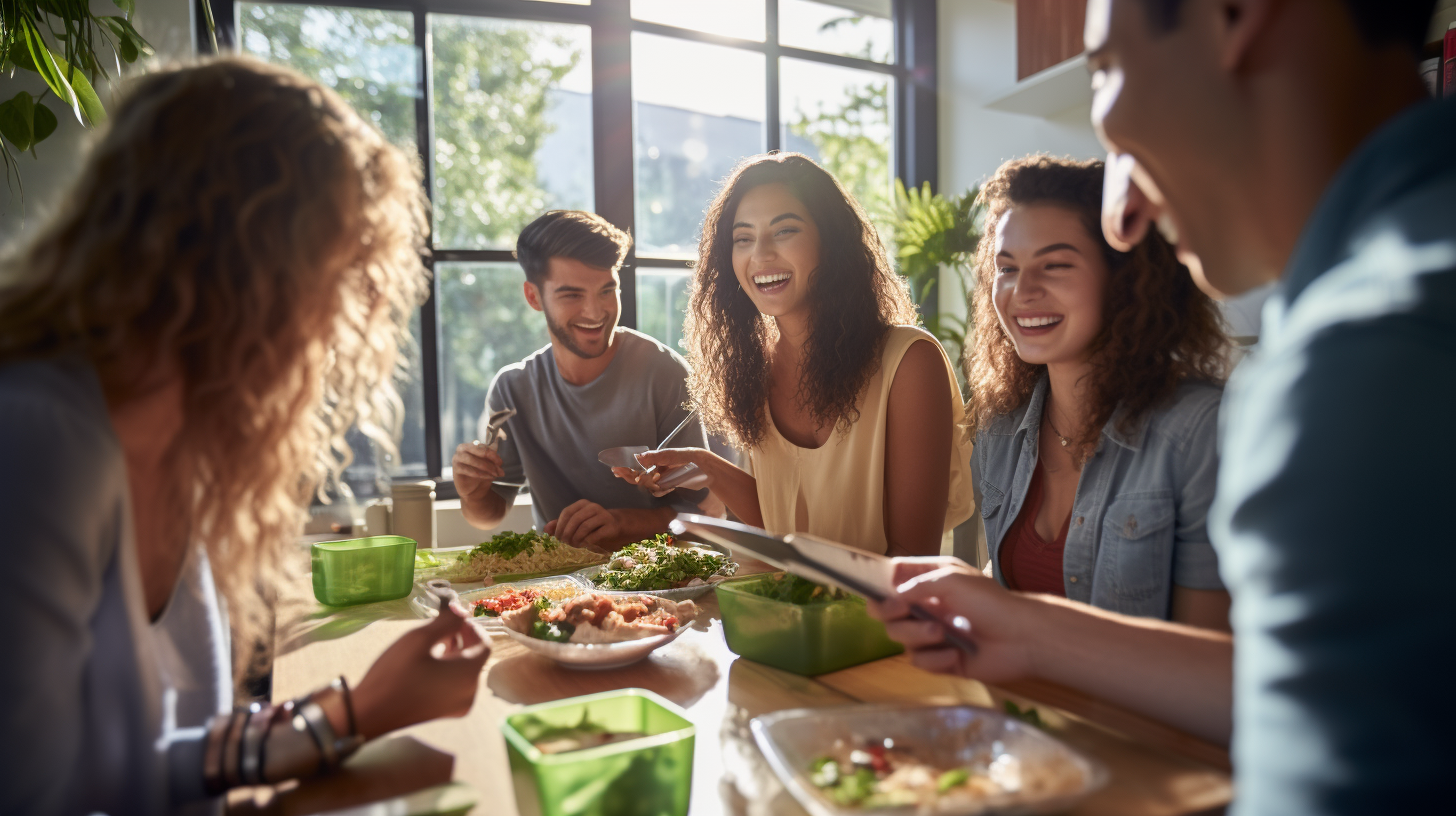 Gen Z friends eating penne in gym kitchen