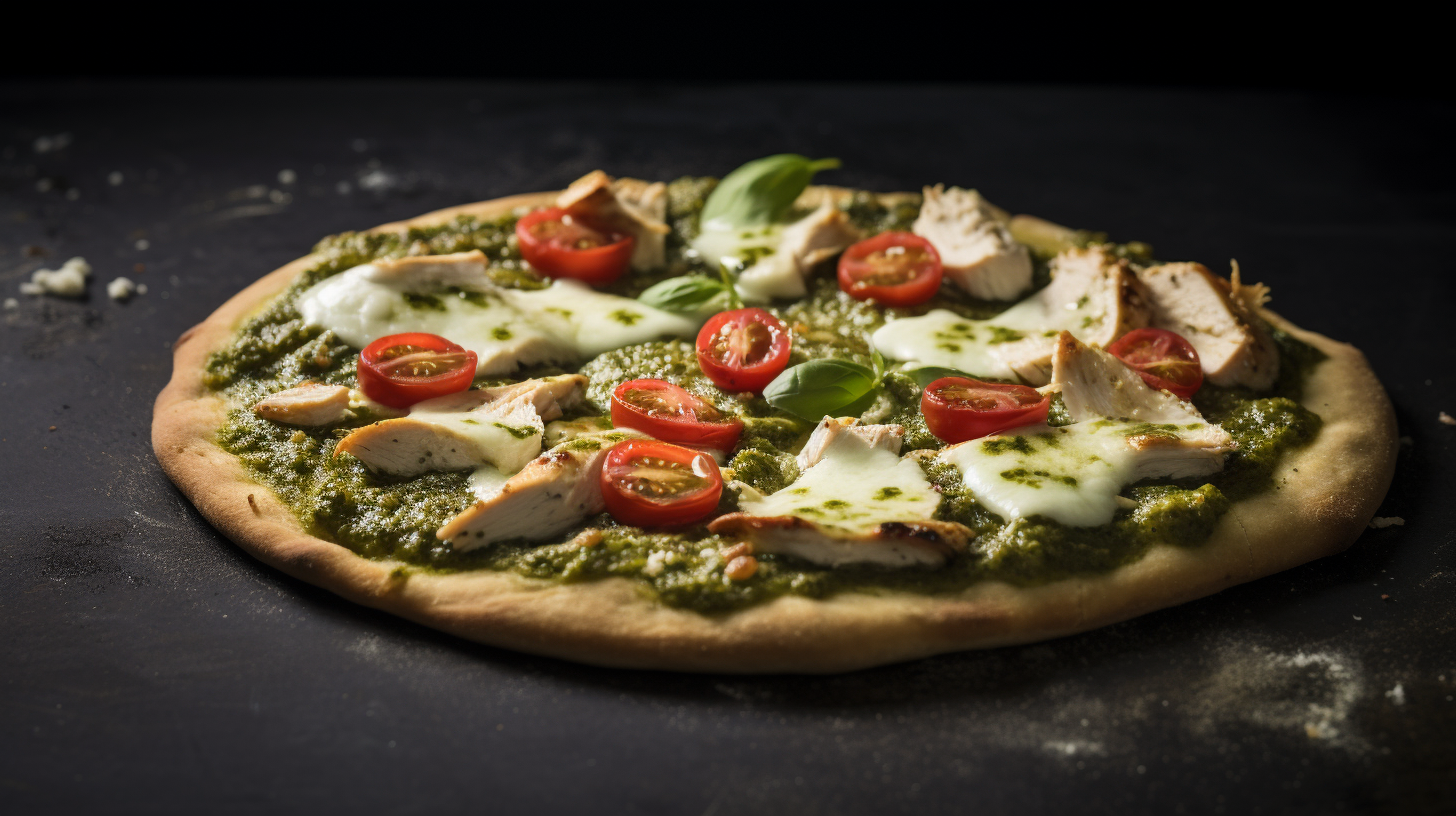 Close-Up of Tasty Pesto Chicken Pizza