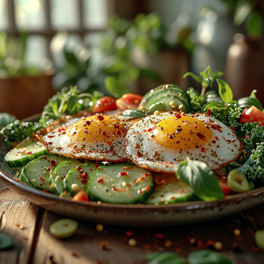 Healthy steaming dish with fried eggs