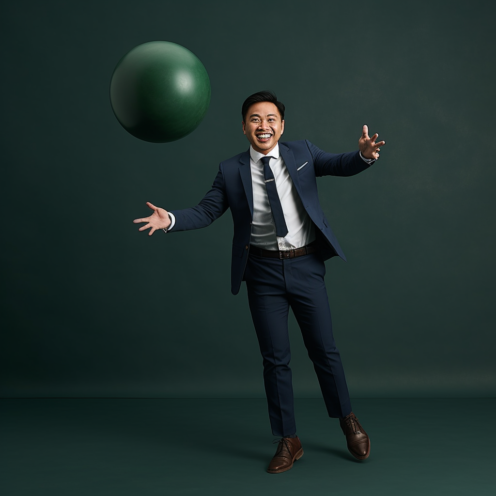 Asian man showcasing strength with green ball