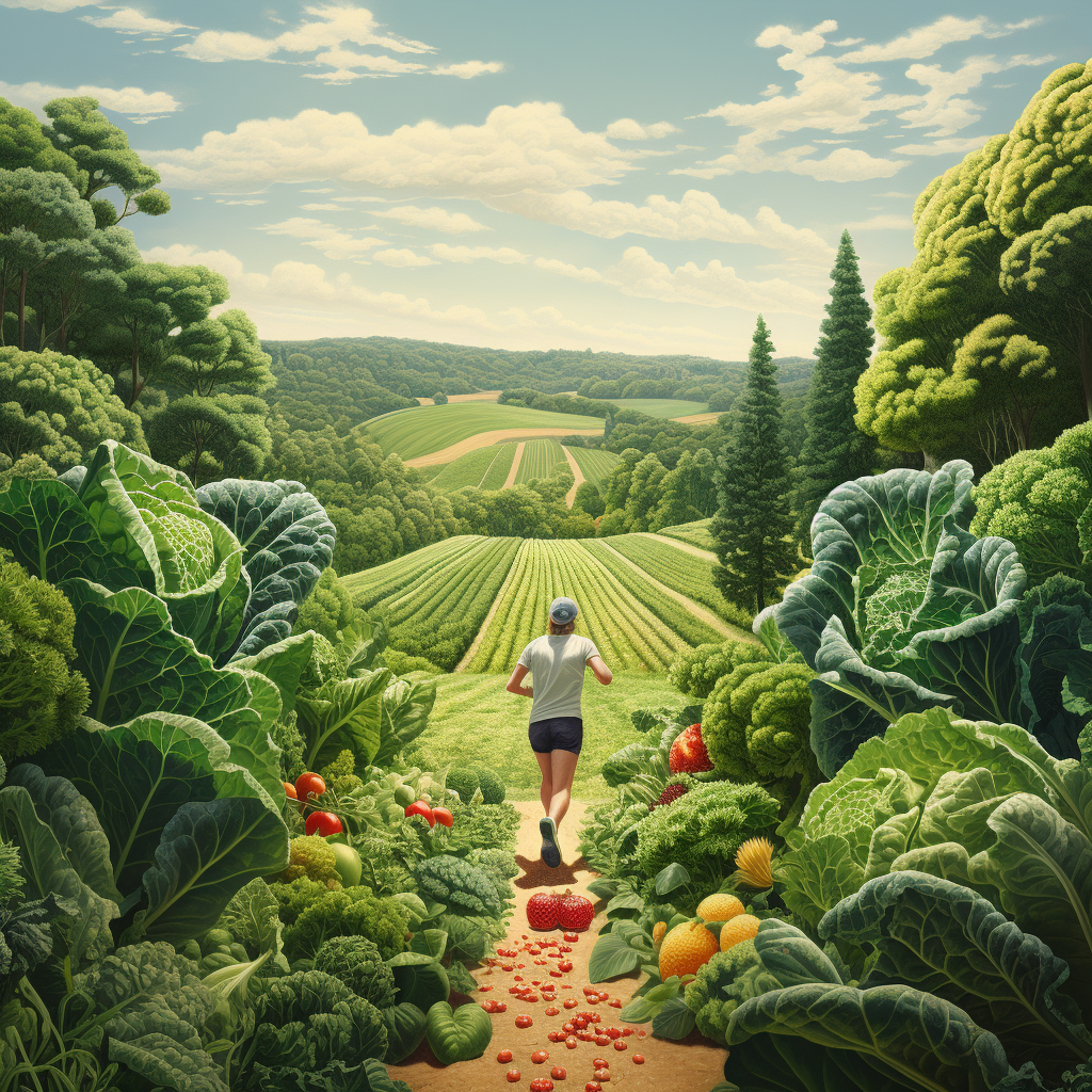 Person running in green landscape with healthy food