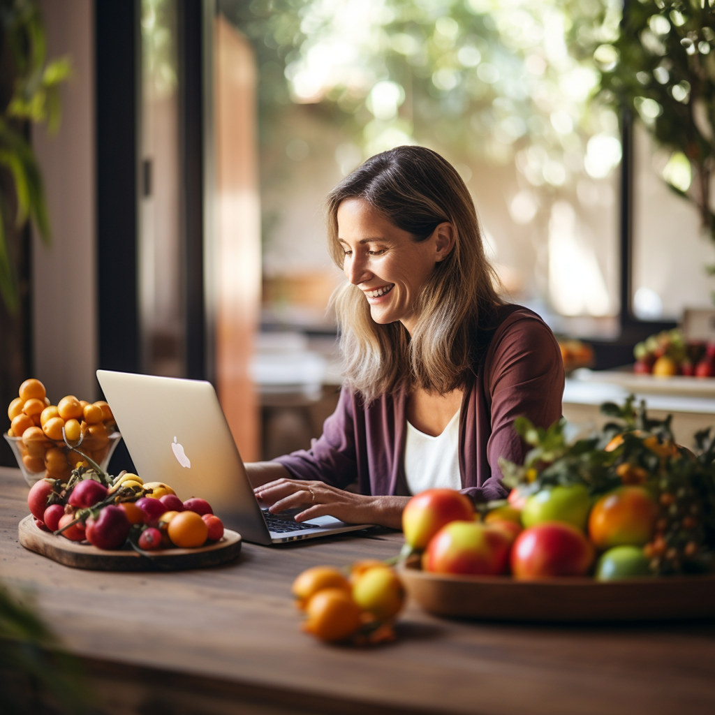 Smiling woman with laptop and fruits